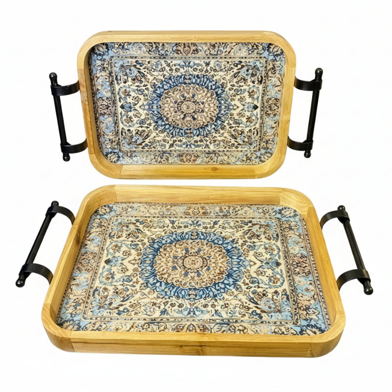 Persian Blue Rug Style Wooden Serving Tray (Set of 2)