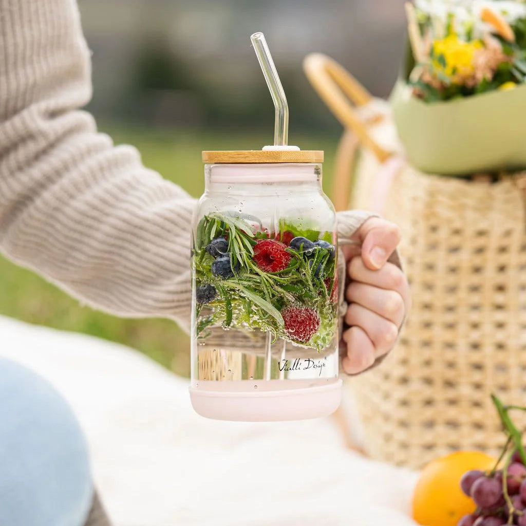 Drinking Jar With Straw 600ml Pink