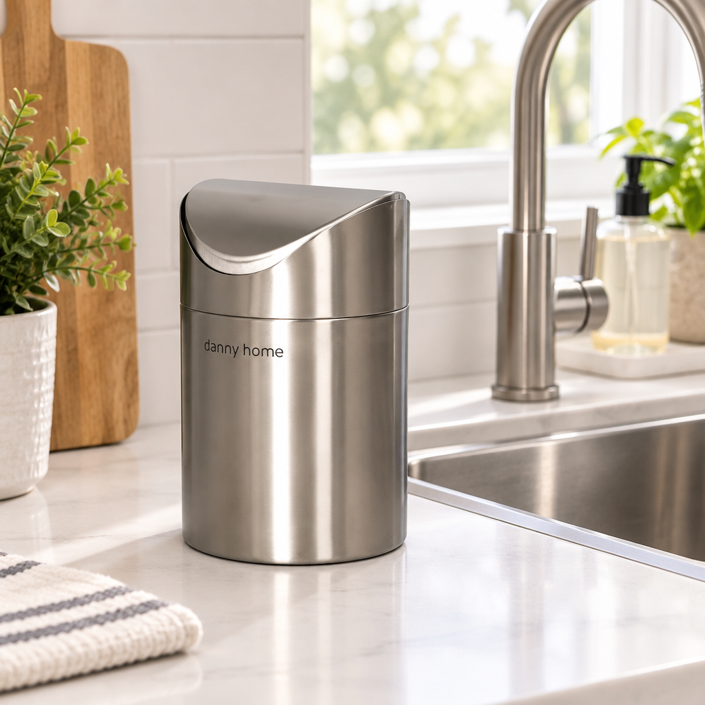 1.5L stainless steel mini bin with curved swing lid, silver finish