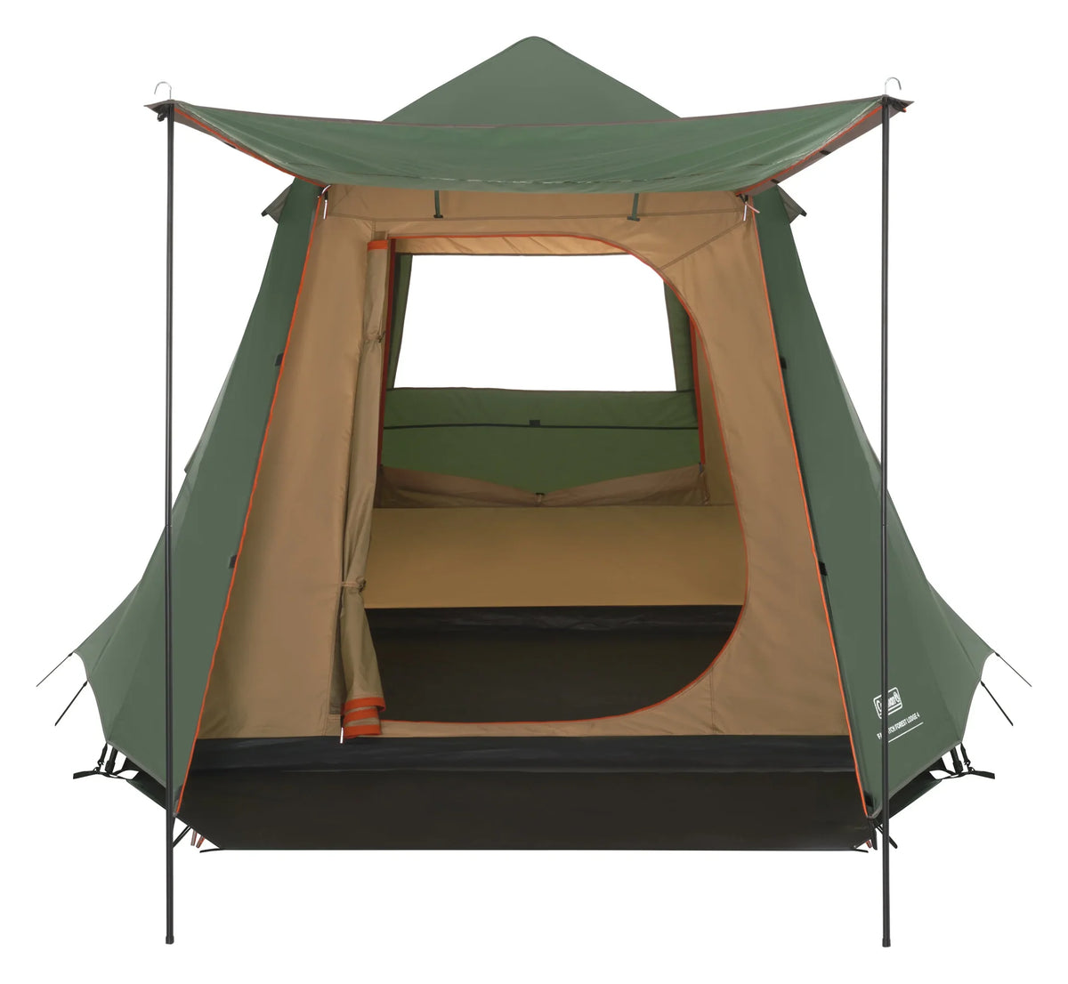 Forest green and tan cabin-style outdoor tent with open front entrance and fly
