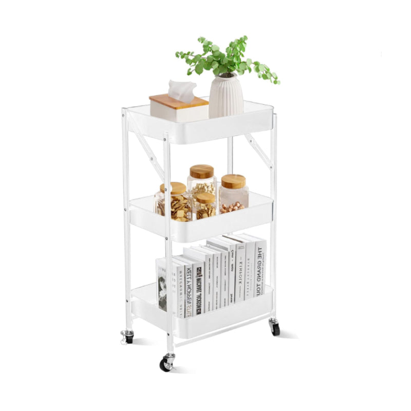 3-Tier Foldable Rolling Storage Trolley Metal White