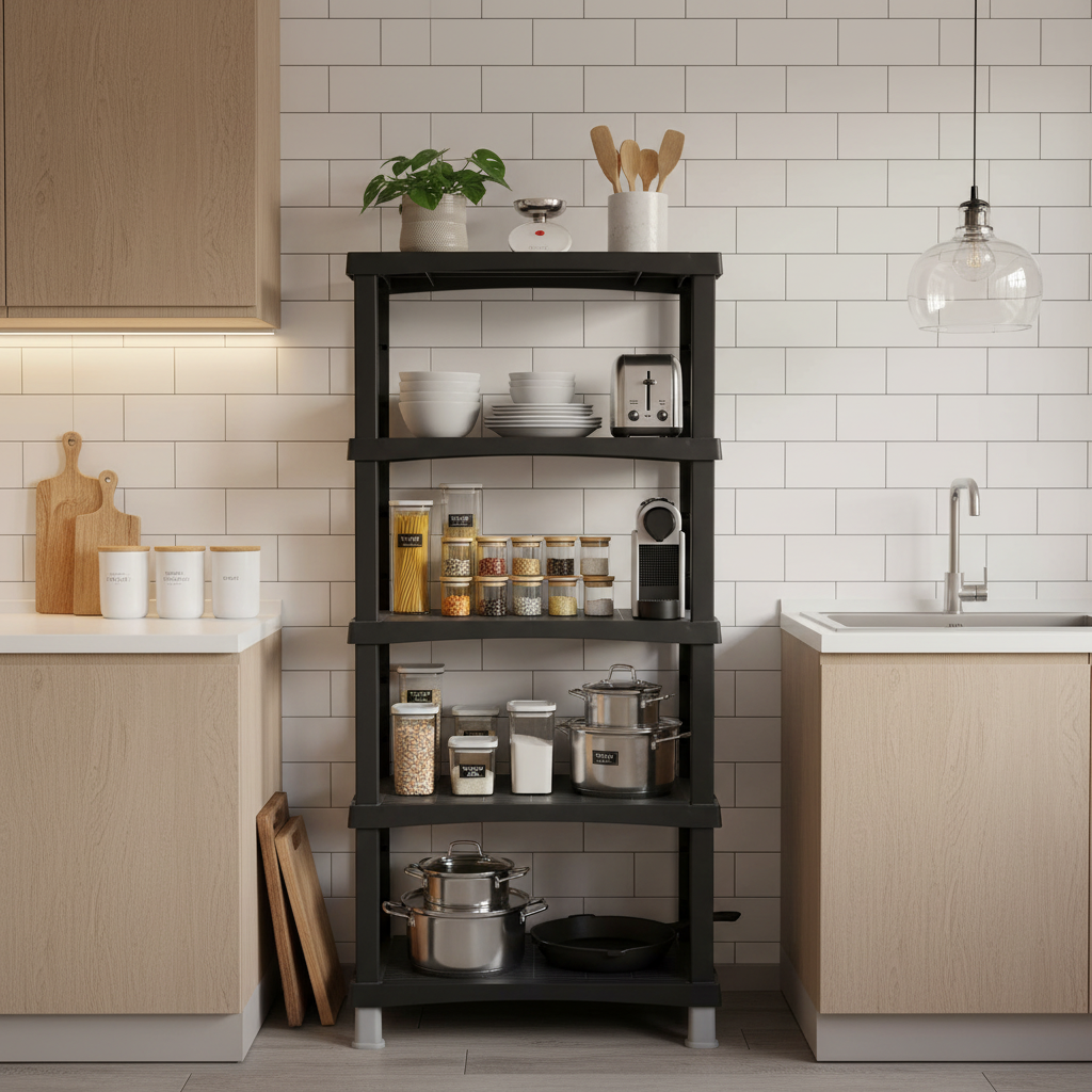 Black freestanding 5-shelf storage cabinet with open shelves and side frame