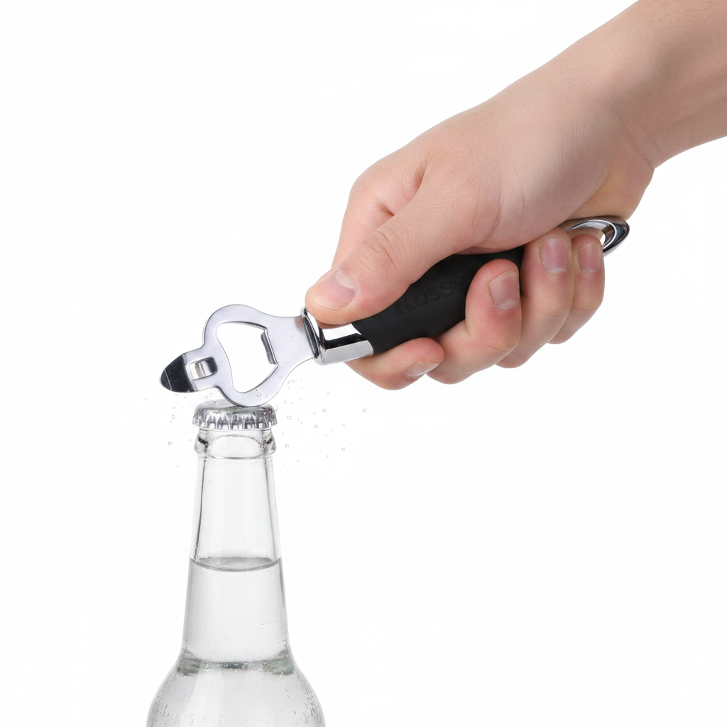 Handheld bottle opener with black handle and chrome metal head