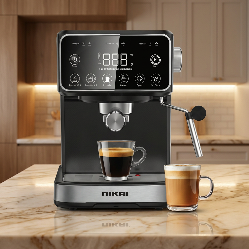 Nikai espresso coffee machine with LCD display, steam knob, and spout