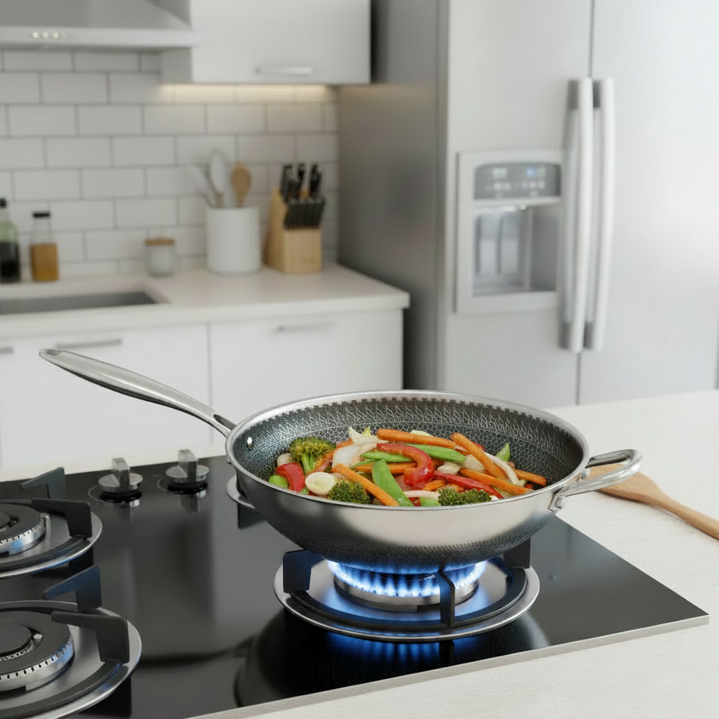 Honey Comb Stainless Steel Wok Pan With Lid 32cm