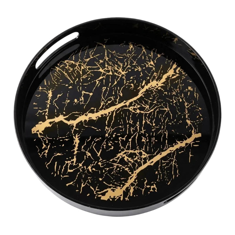 Acrylic Round Serving Tray Black & Gold Marble