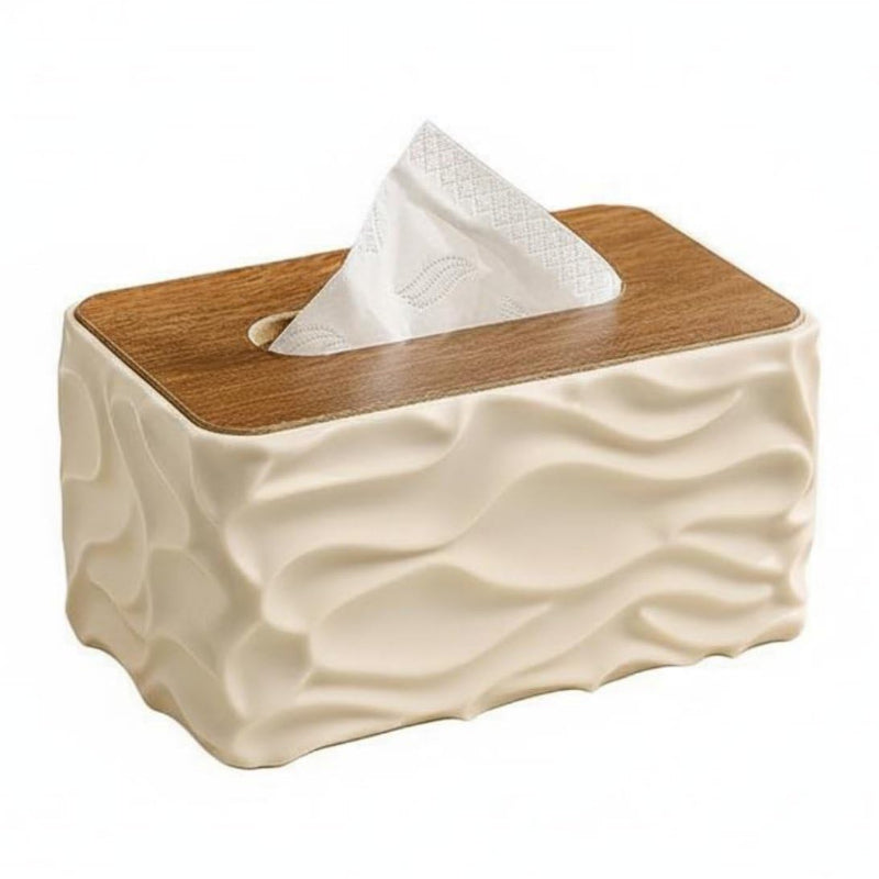 Wavy Textured Tissue Box With Wooden Lid Cream
