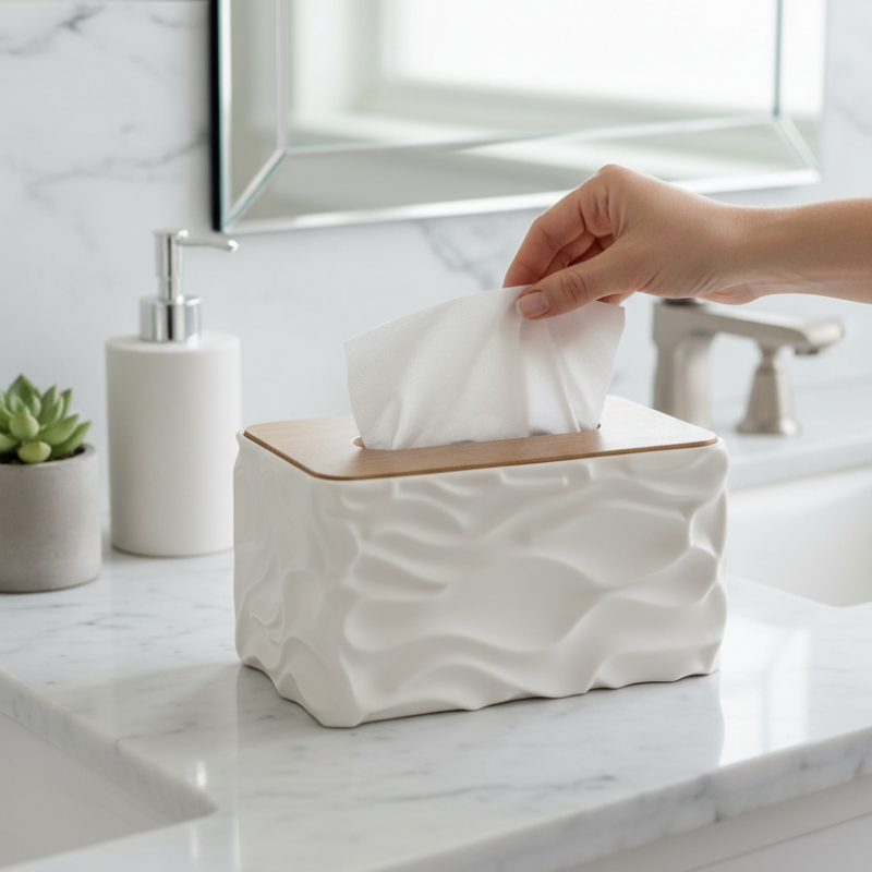 Wavy Textured Tissue Box With Wooden Lid White