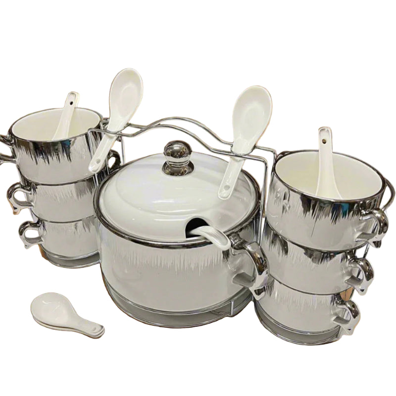 White & Grey Soup Set With Stand (Set of 15 Pcs)