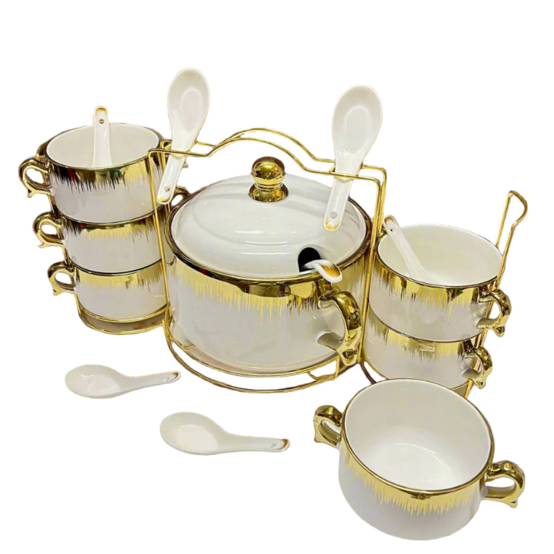 White & Gold Soup Set With Stand (Set of 15 Pcs)