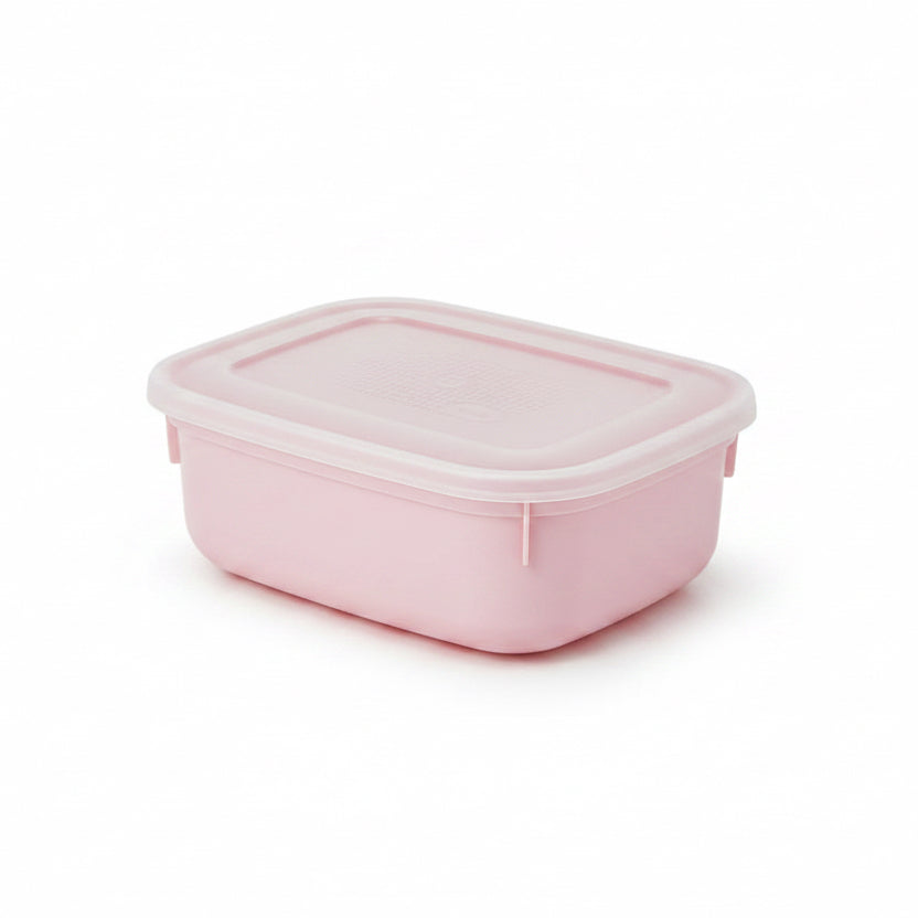 Pink plastic food storage box with snap-lock lid, 1.6L capacity
