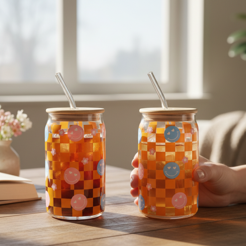 Iced Coffee Glass Mug With Straw 500ml Smiley (Set of 2)