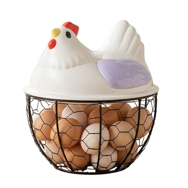 Egg Basket White Hen Metal/Plastic