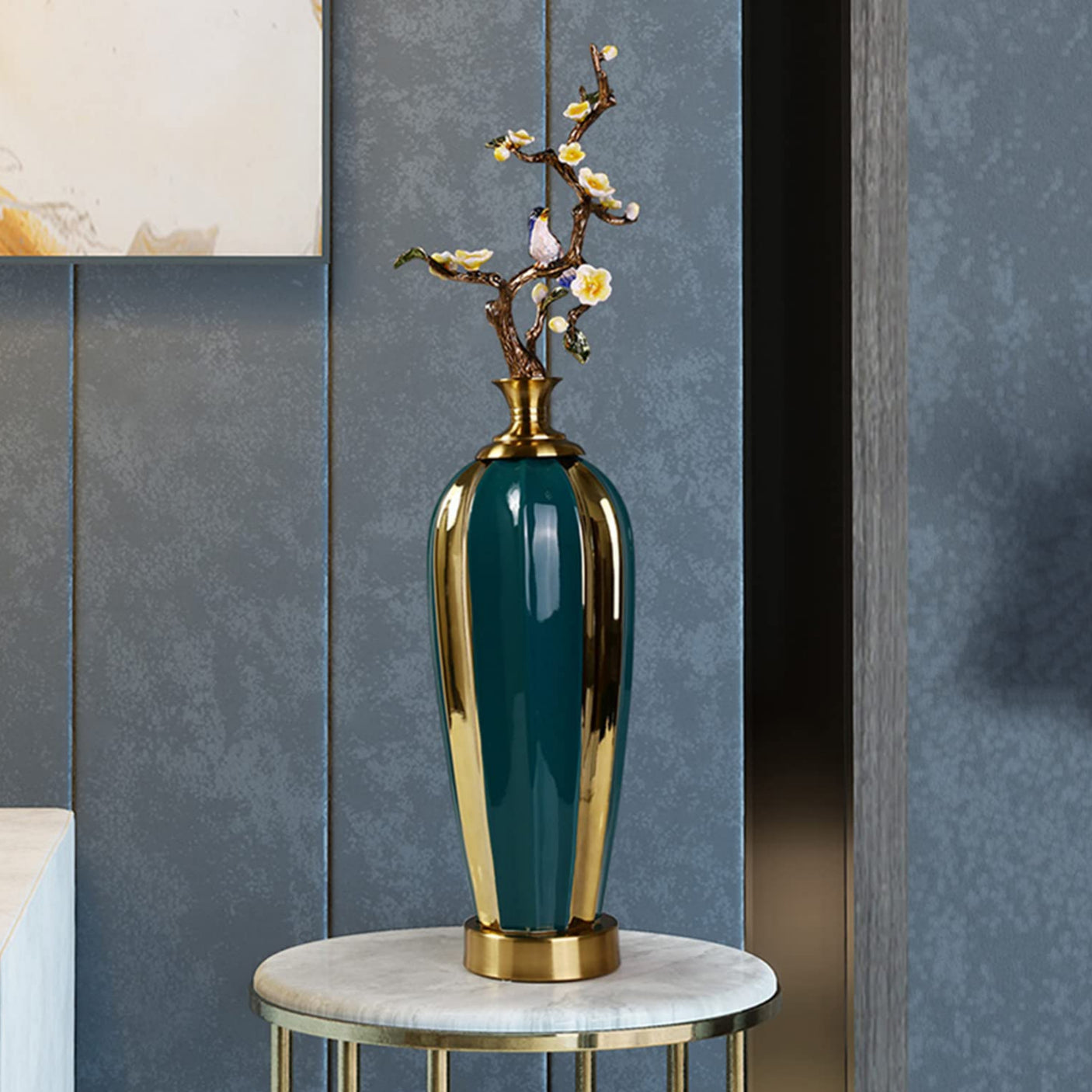 Cylindrical Ceramic & Alloy Vase Glazed Green Gold