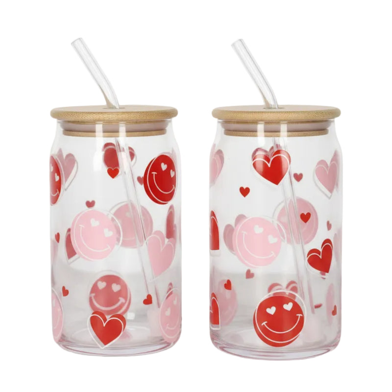 Iced Coffee Glass Mug With Straw 500ml Hearts (Set of 2)