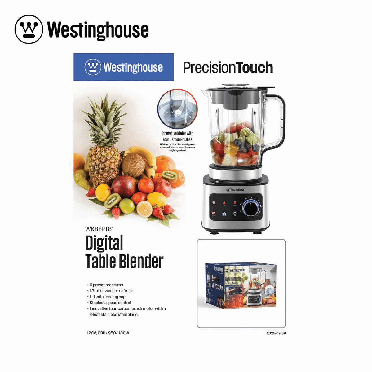 Westinghouse digital table blender on display with product box packaging, countertop setup