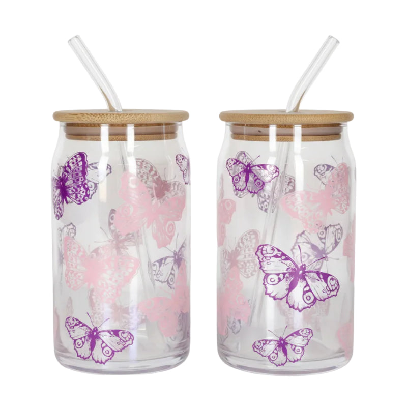 Iced Coffee Glass Mug With Straw 500ml Butterfly (Set of 2)