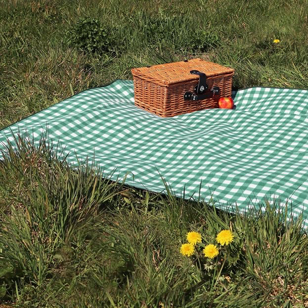 Sea green gingham picnic mat and table cover with a basket and drink on top