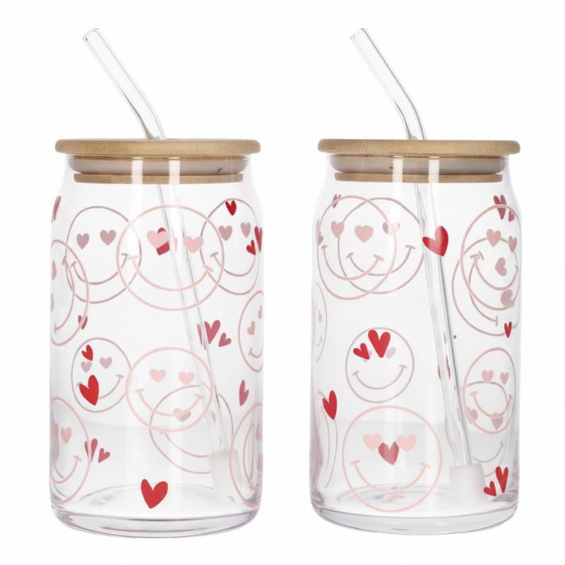 Iced Coffee Glass Mug With Straw 500ml Hearts (Set of 2)