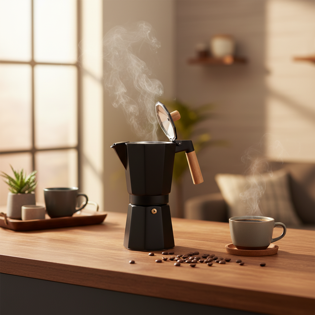 Aluminium Moka Pot Black With Wood Handle 9 Cups