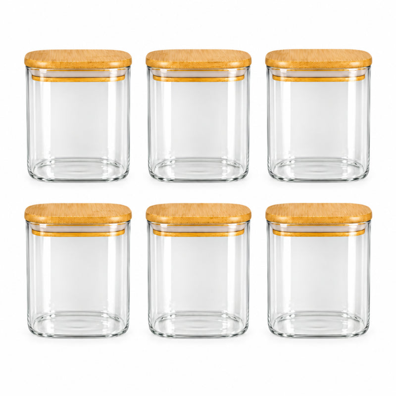 Glass Storage Jar With Bamboo Lid (Set of 6 Pcs)