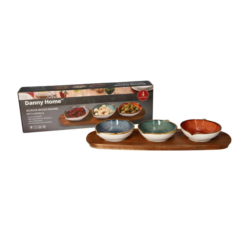 Acacia Wood Board With Dessert Sauce Bowls 4.25" 4Pcs