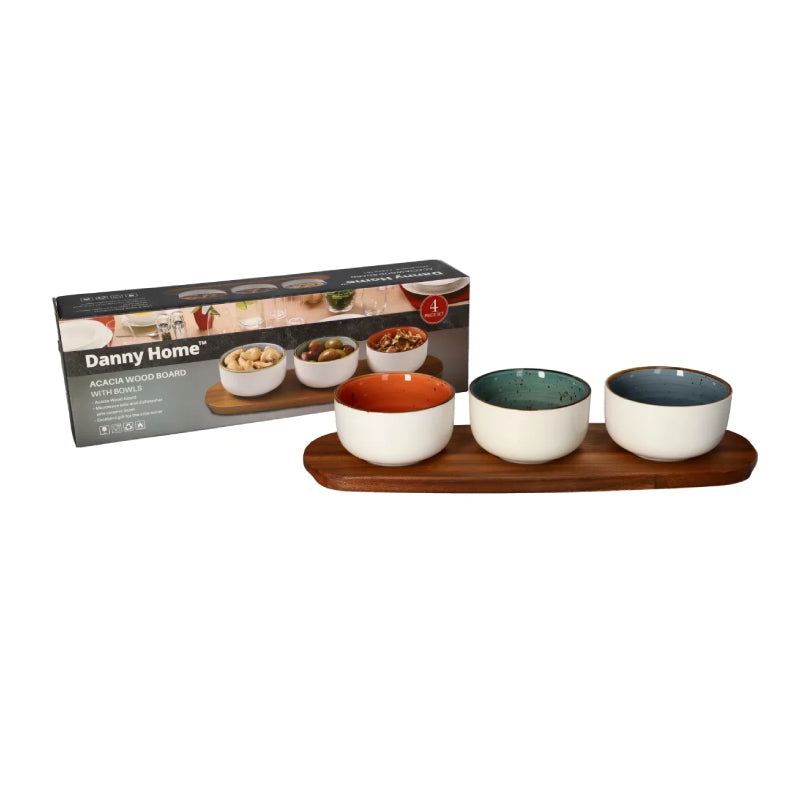 Acacia Wood Board With Porcelain Sauce Bowls 3.5" 4Pcs