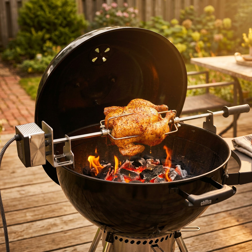 Rotisserie chicken on black grill with rotisserie rod and spit forks