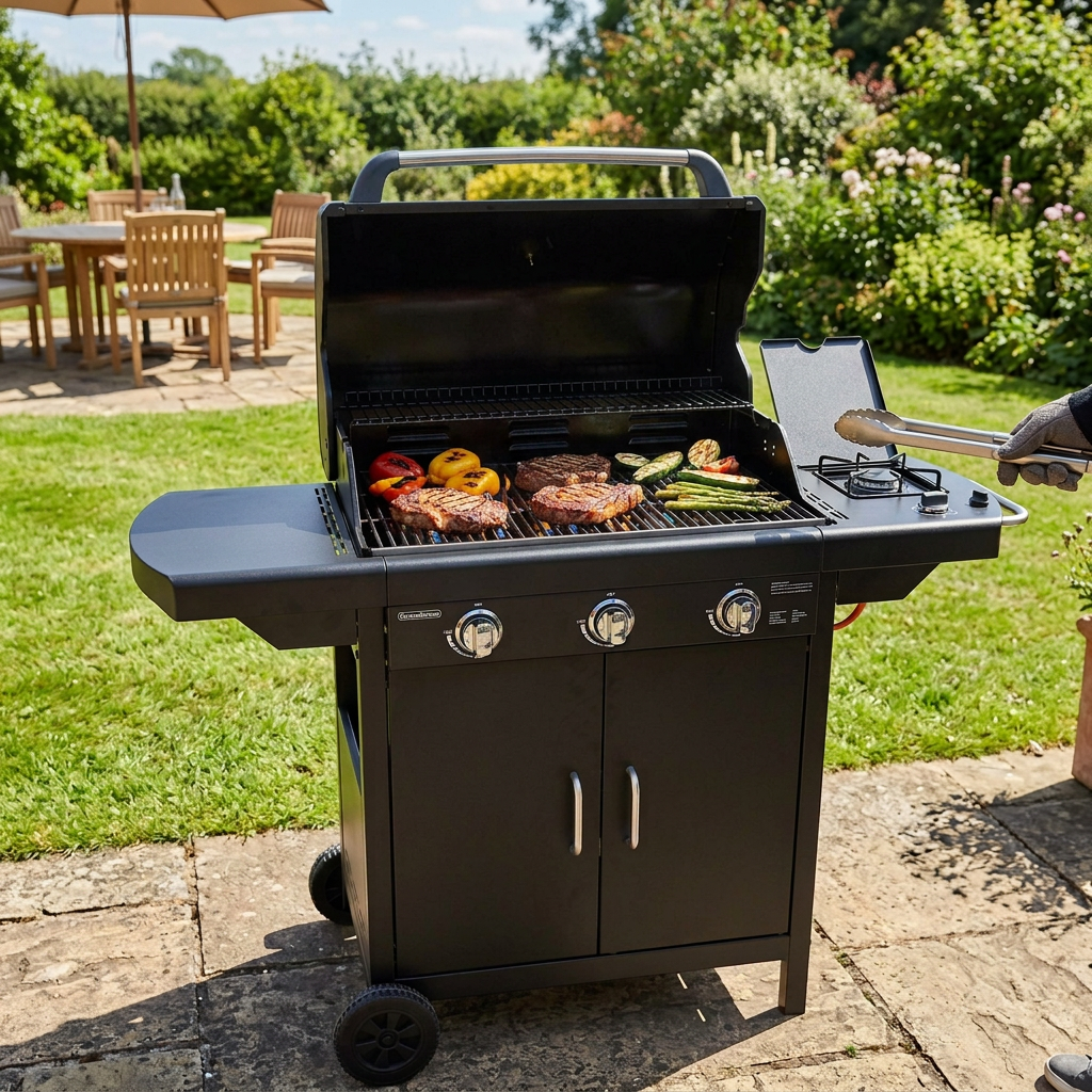 Compact black gas grill with open lid, side burner, and control knobs