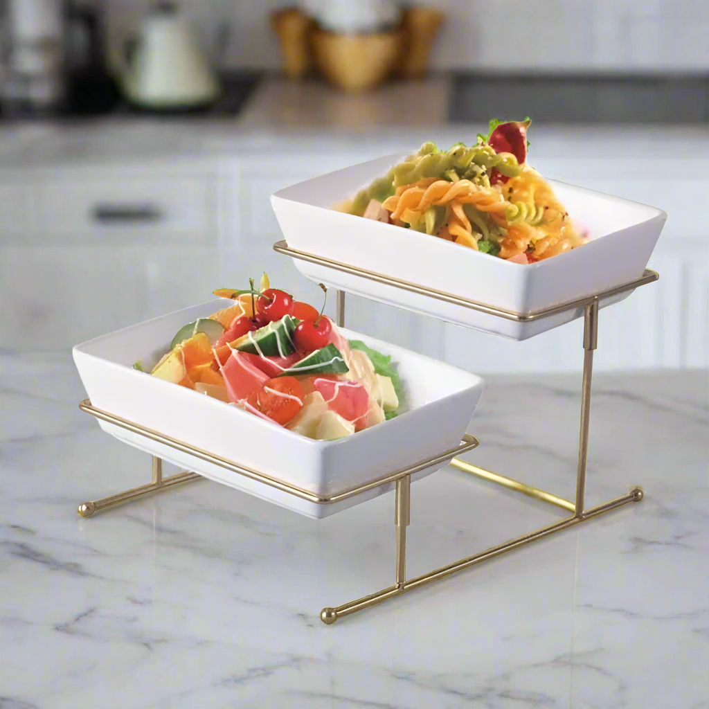 2 Tier Deep Rectangular Bowl Gold Stand