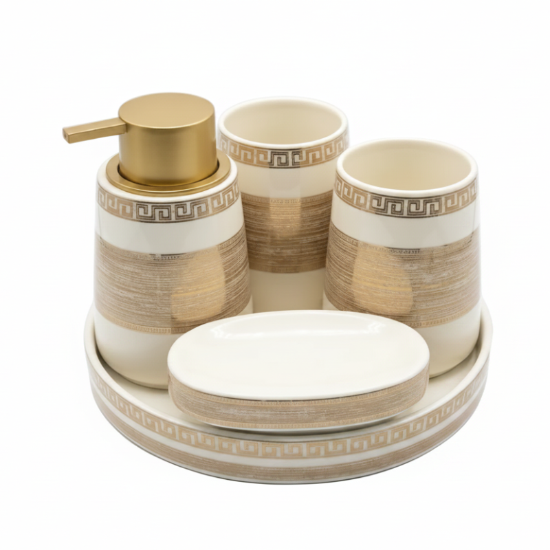 Bathroom Set White Beige (Set of 5)