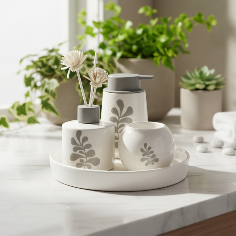 Bathroom Set With Tray White Leaf (Set of 4)
