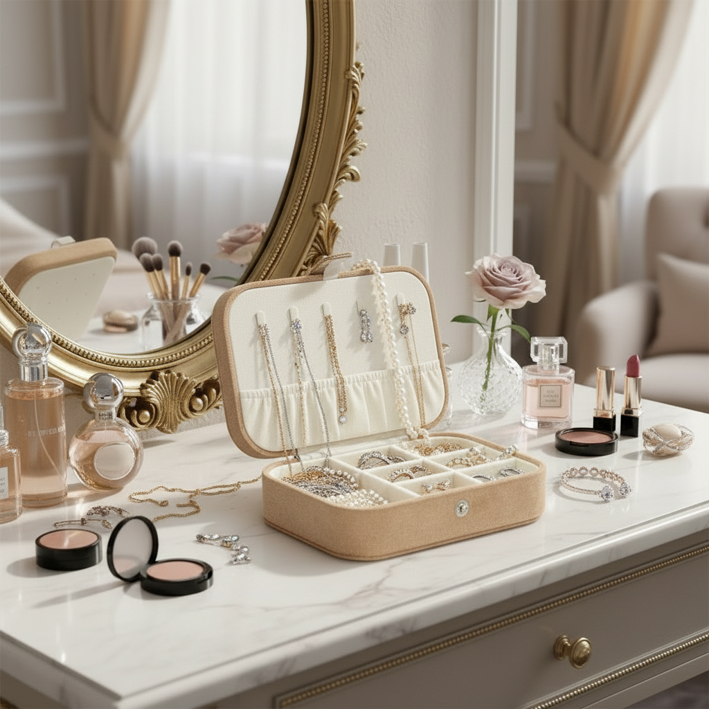 Beige Rectangular Jewelry Storage Box