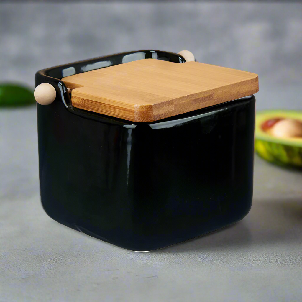 Black Ceramic Salt Shaker With Bamboo Lid