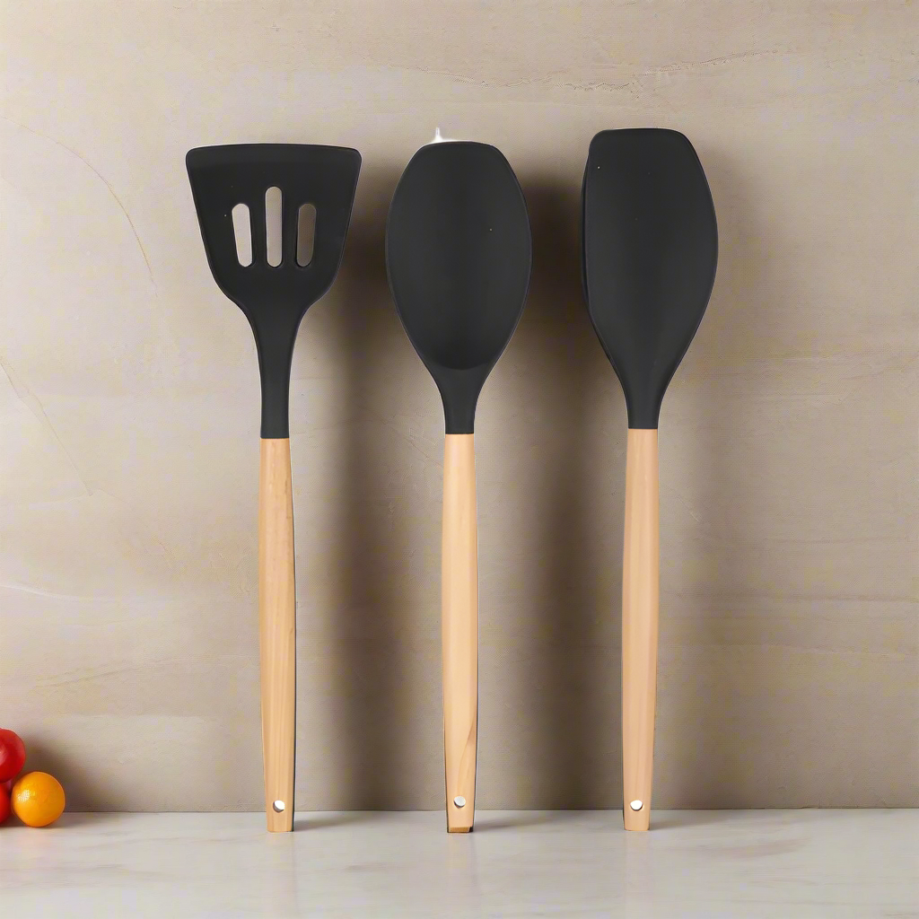 Black Wooden Silicone Kitchen Shovels (Set of 3)