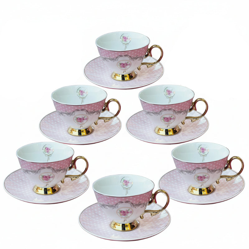 Cup Saucer Set Pink Polka (Set of 6)