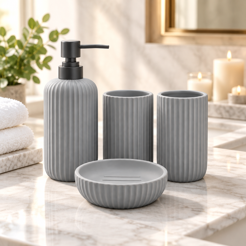 Ceramic Bathroom Set Fluted Matte Grey (Set of 4 Pcs)