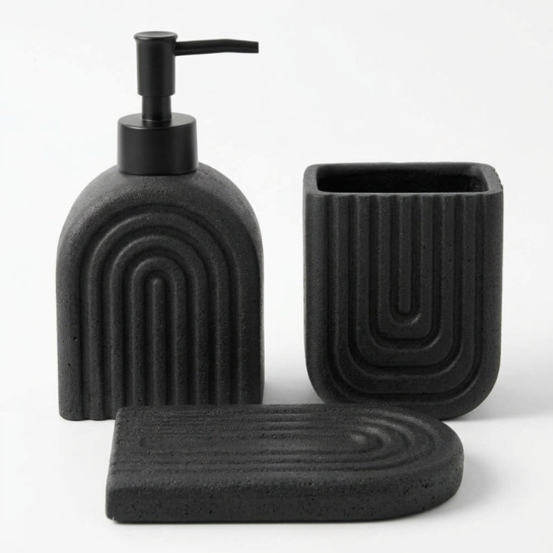 Ceramic Bathroom Set Ribbed Black (Set of 3 Pcs)