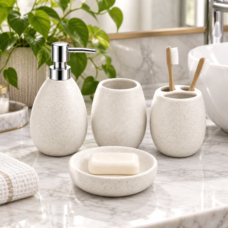 Ceramic Bathroom Set Speckled Off-White (Set of 4 Pcs)