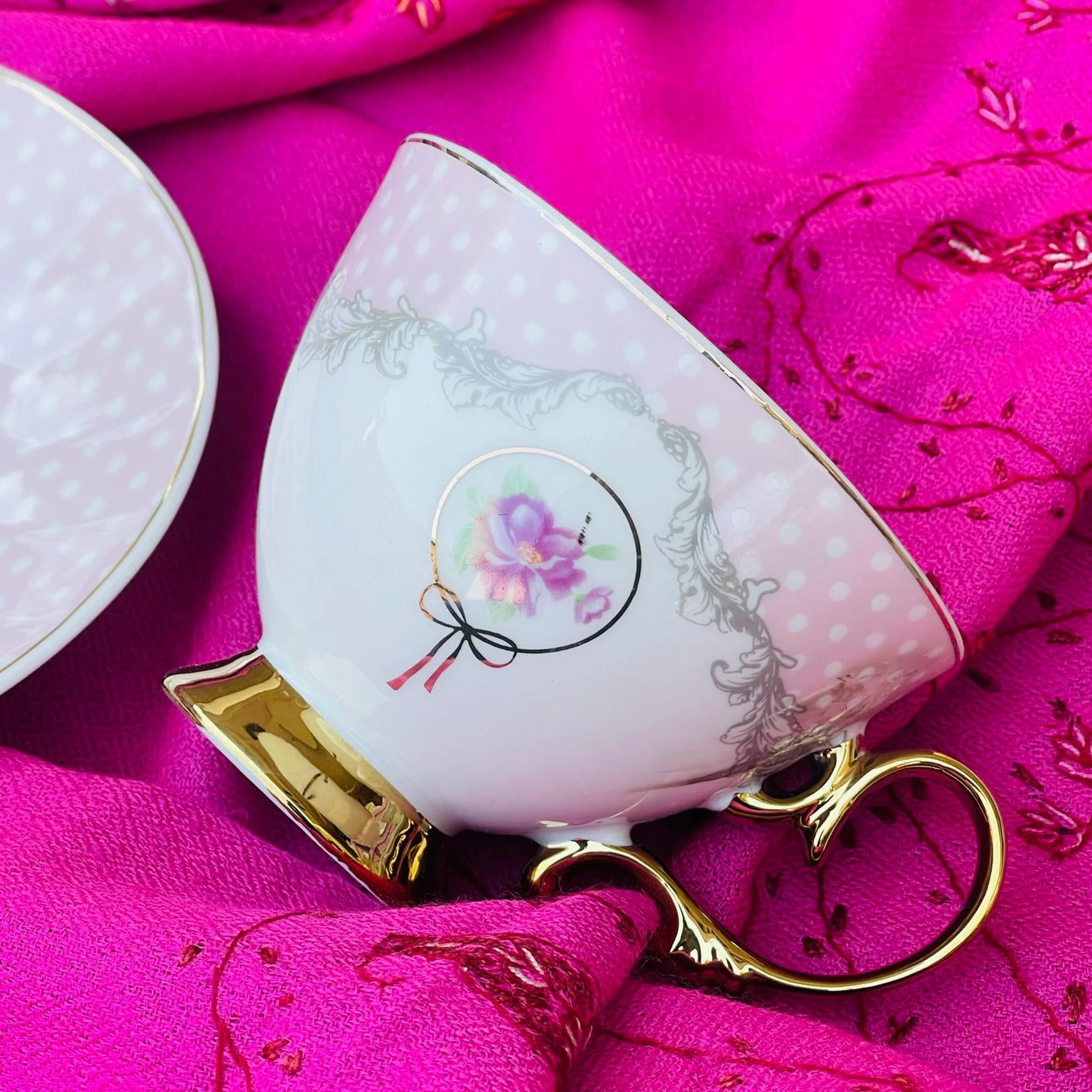 Ceramic Coffee Cup With Saucer Rose Dotted