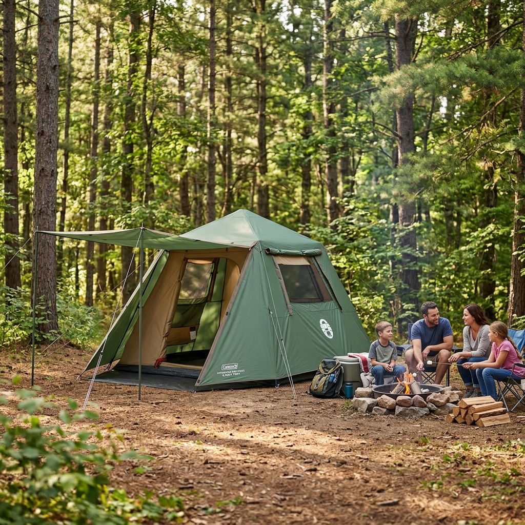 Forest green cabin-style outdoor tent with open panels, set up outdoors in a forest