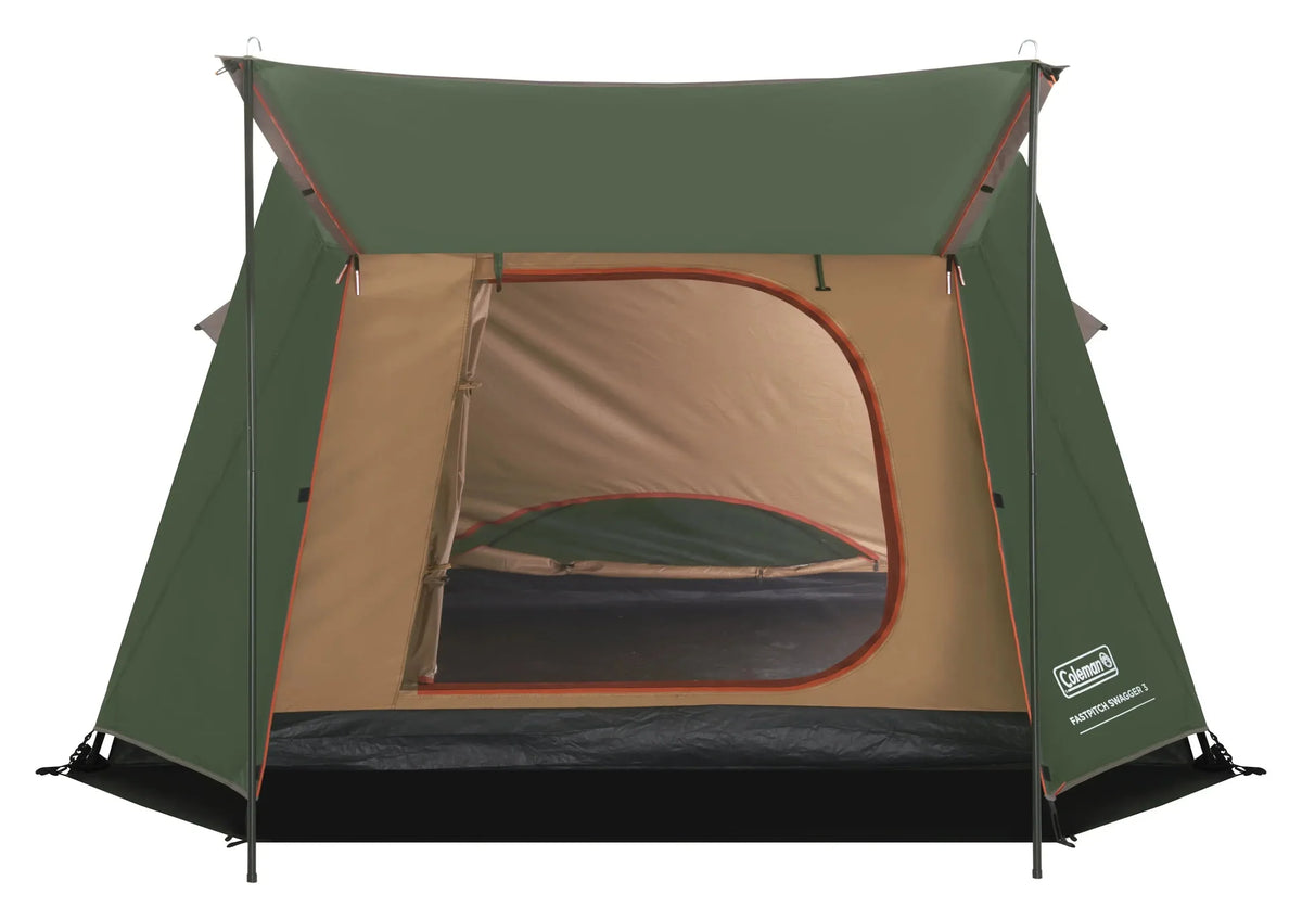 3-person camping tent front view with open mesh door and tan interior, dark green frame