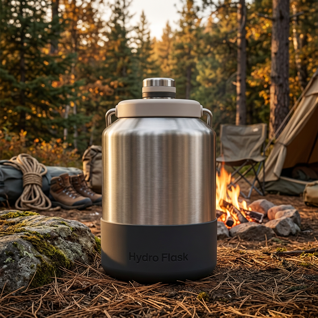 Stainless steel camping flask with carry lid, dark base and 'Hydro Flask' logo