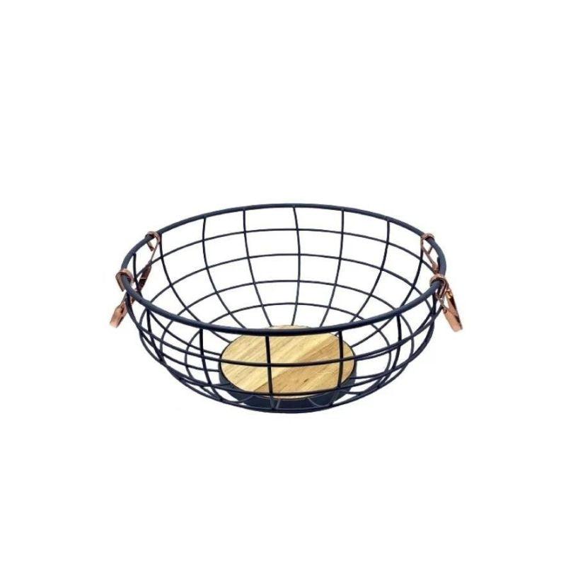 Metal Round Basket 15 x 28cm Black Wooden Base