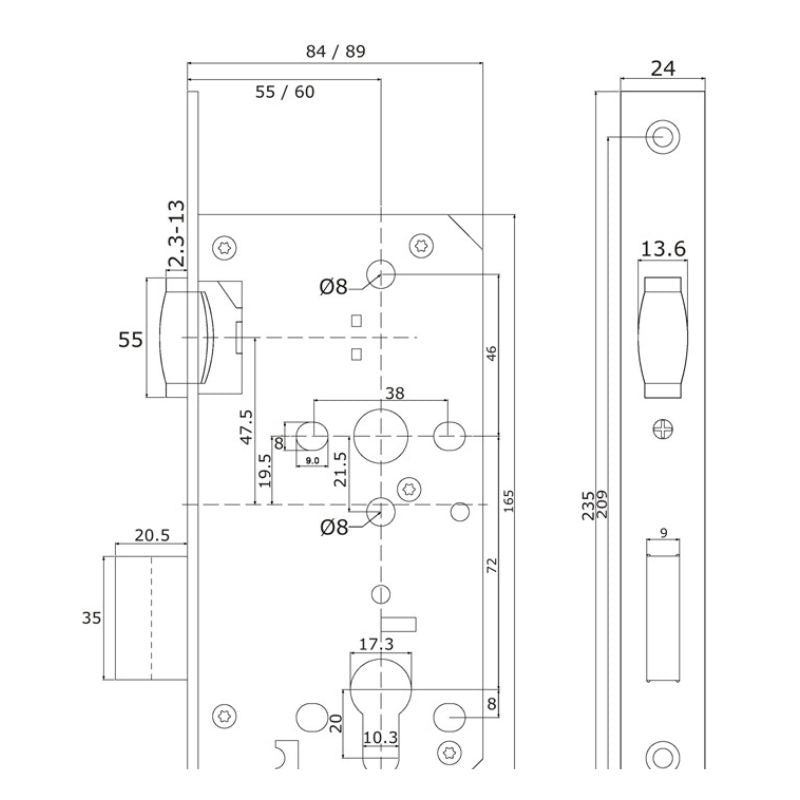 DIN Roller Bolt Euro Profile Dead Lock 55mm