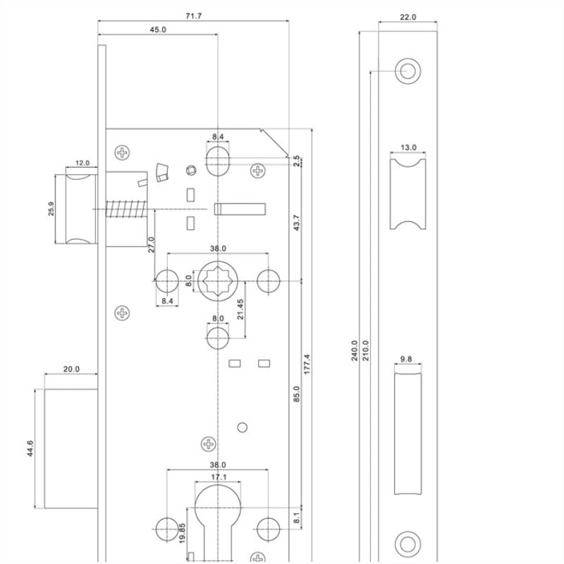 Euro Profile Mortise Lock 65mm Key & Turn Cylinder