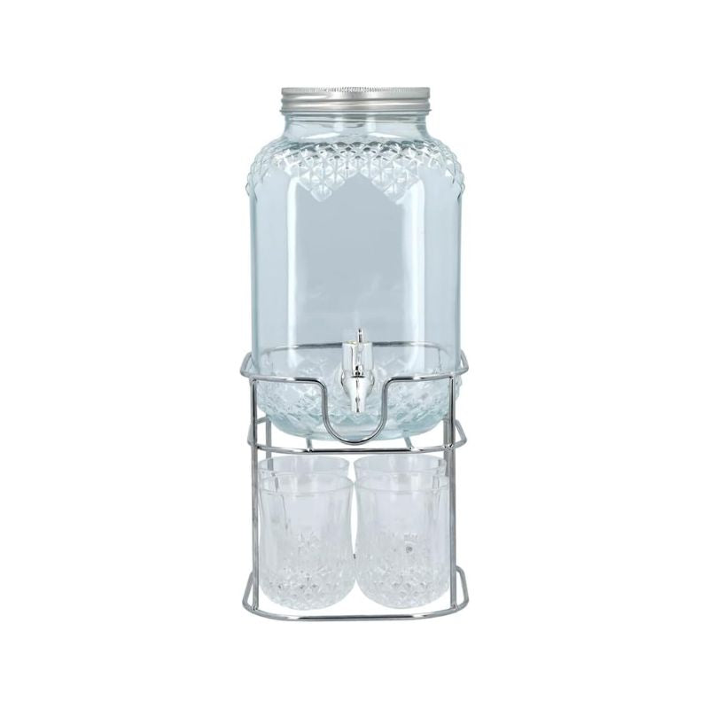 Glass Beverage Dispenser With Glass (Set of 4) & Stand