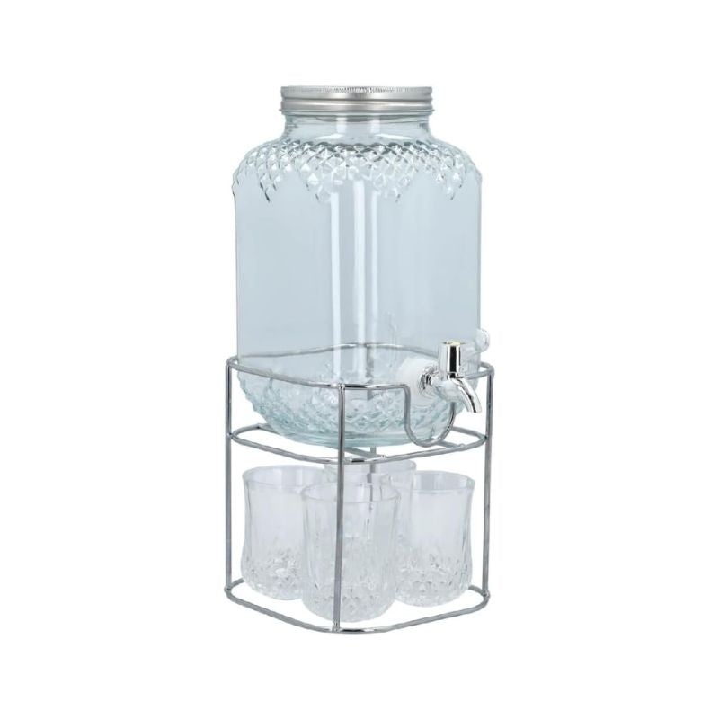 Glass Beverage Dispenser With Glass (Set of 4) & Stand
