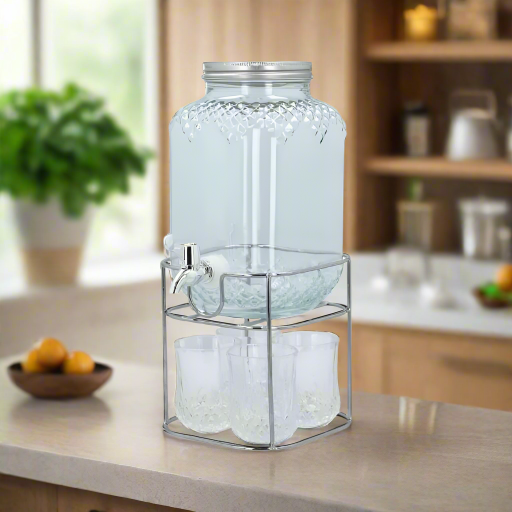 Glass Beverage Dispenser With Glass (Set of 4) & Stand