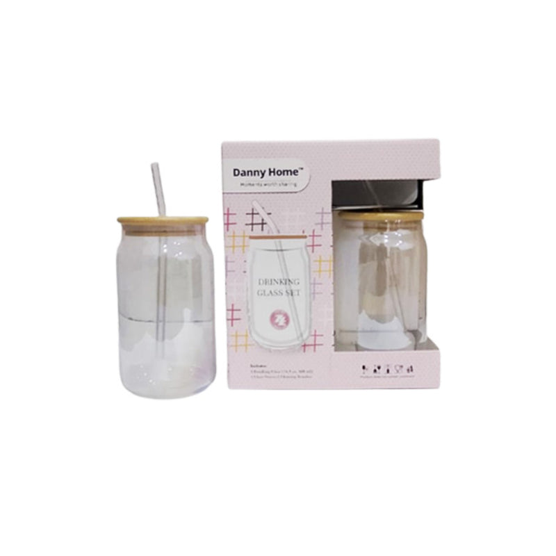 Drinking Glass With Straw & Wooden Lid 480ml